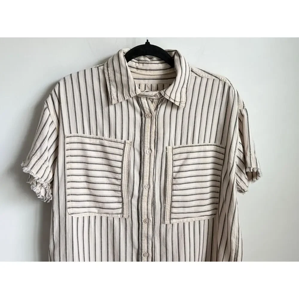 We The Free Christopher Linen Striped Short Sleeve Button-Up Shirt Beige S NWT - Picture 3 of 9